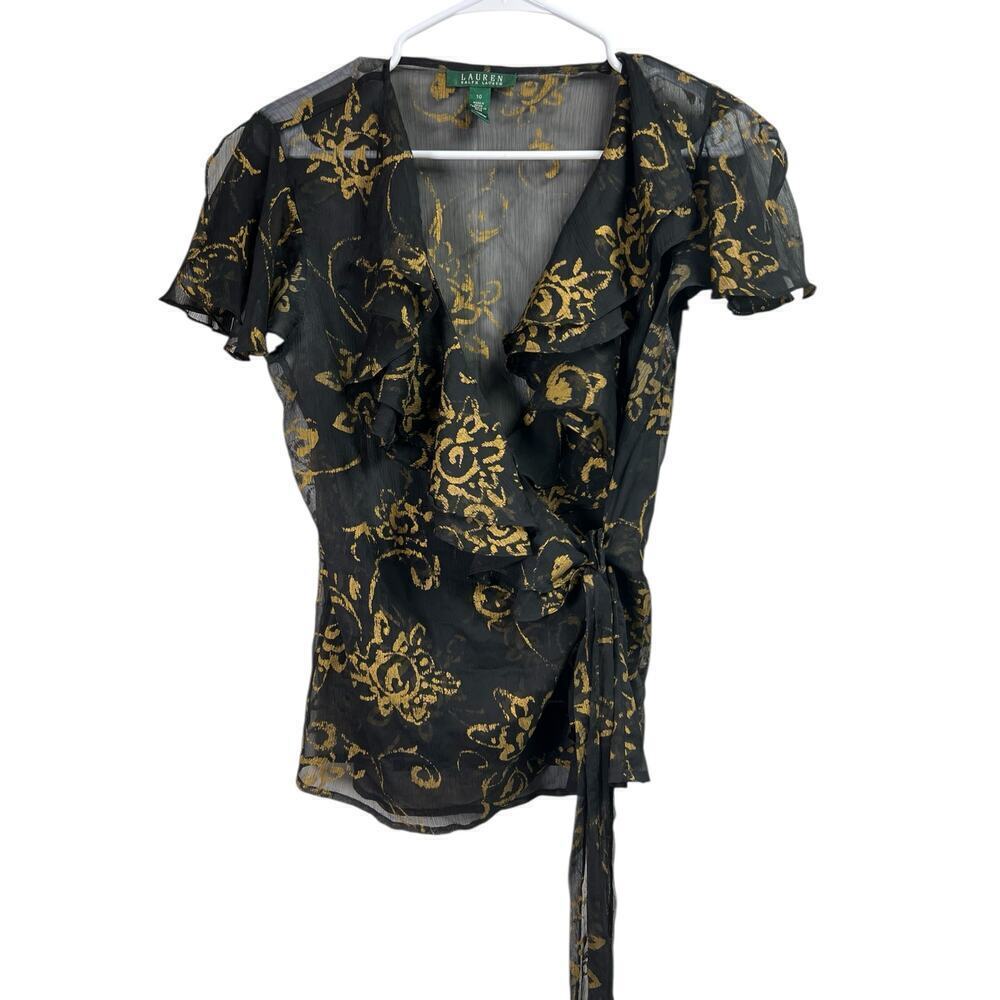 Lauren Ralph Lauren Ruffle Wrap Tie Georgette Sheer Blouse Black Gold 10
